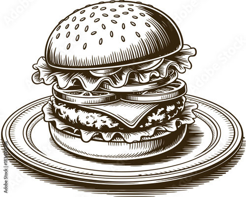 Vintage engraving woodcut burger vector illustration art design