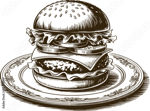Vintage engraving woodcut burger vector illustration art design