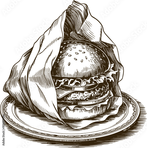 Vintage engraving woodcut burger vector illustration art design