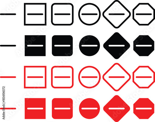Minus remove icon set , stop sign. Graphic symbol for subtraction, removal, negative, or do not enter concept. horizontal line, dash inside a circle in outline and solid for delete actions, Minus Sign