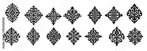 Black damask ornamental elements on white background