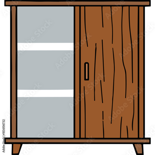 Wooden Cabinet With Glass Doors And Shelves For Storage Or Display Against A Black Background With Light Wood Grain Texture And Simple Design