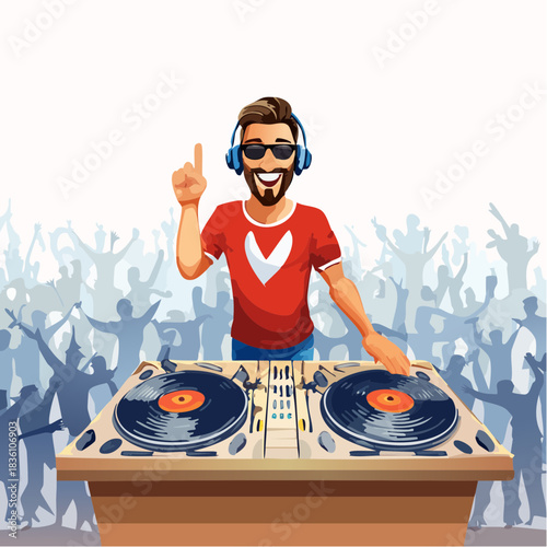Disc jockey en train d'animer une soirée et e mixer un morceau de musique, platines vinyles, la foule en arrière plan qui danse, joyeux, musique, fête, coloré, positif