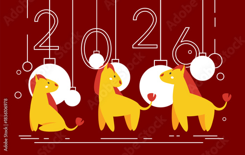 Bright 2026 celebration vector card. Simple New Year's illustration. Three cute horses icon, many big holiday ornaments. Cartoon festive design. Funny childish style art. Chinese calendar zodiac sign