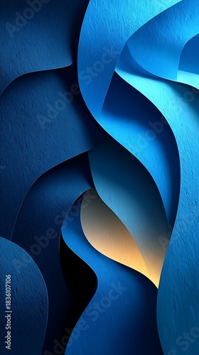 Abstract blue curves with golden accent textured paperlike waves, vibrant and modern art