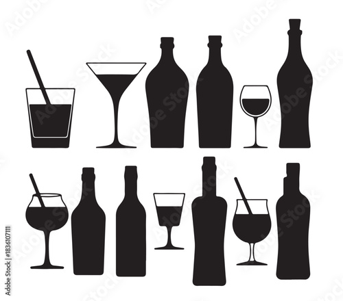 black silhouette collection of various liquor bottles and