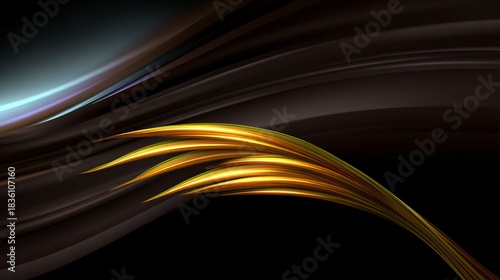 Abstract dark background with golden and blue light streaks flowing diagonally.