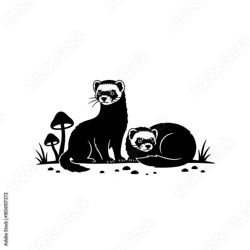 Two ferrets sitting beside minimal mushroom cluster svg illustration