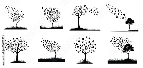 Black silhouette trees with butterflies and birds flying