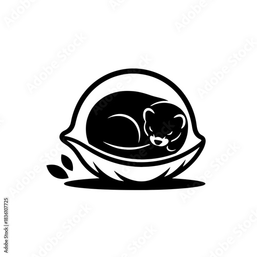 Ferret silhouette curled inside hollow log cozy woodland scene vector