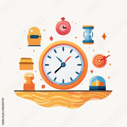 Illustration of time management, productivity tools, and goal achievement with a central clock and surrounding elements
