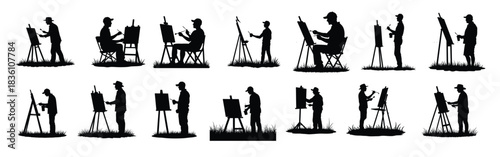 Artist Silhouettes Painting On Easels In Various Poses