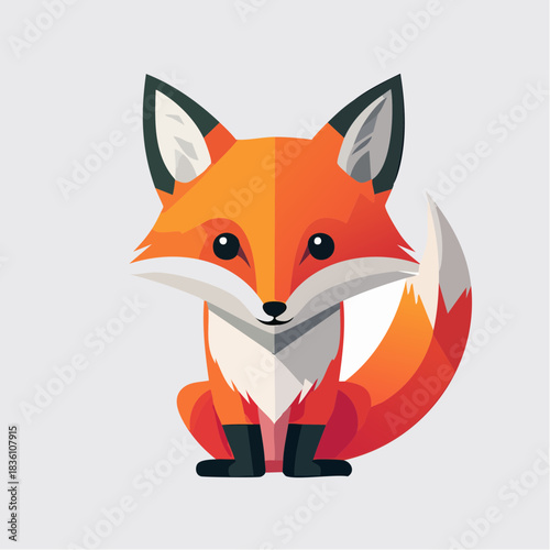 Adorable and cute stylized cartoon fox with bushy tail, sitting and looking forward with large eyes