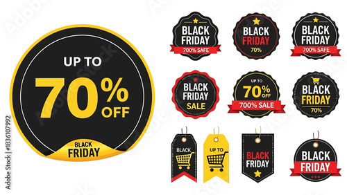 Black Friday Sale Tags with Up to 70% Off - Promotional Vector Graphics
