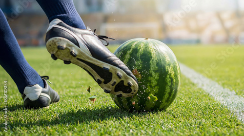Close-up of a soccer player's leg in professional cleats delivering a strong kick to a ripe watermelon, which shatters into pieces and splashes on the green grass of the stadium