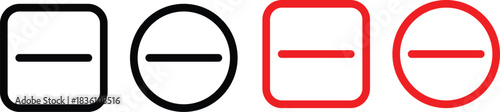 Minus remove icon set , stop sign. Graphic symbol for subtraction, removal, negative, or do not enter concept. horizontal line, dash inside a circle in outline and solid for delete actions, Minus Sign