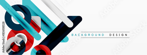 Abstract geometric shapes overlap, creating dynamic composition. White background emphasizes vibrant blue, red, gray elements. Modern design.