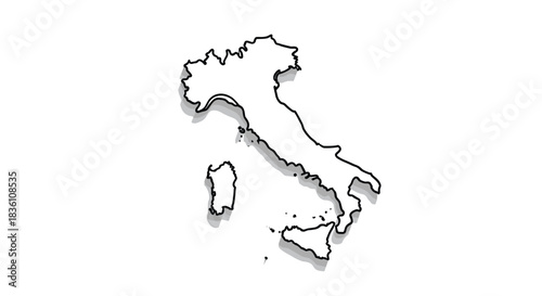 Simple black outline map of Italy, including its major islands, rendered with a modern 3D shadow effect on a clean white background.