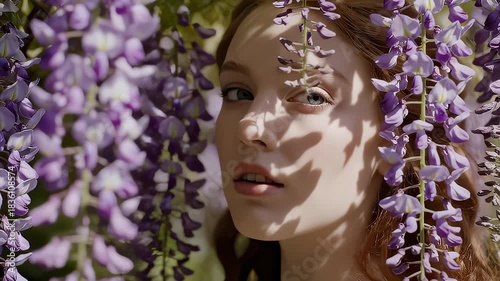 Attractive Redhead Woman Posing With Cascading Wisteria Flowers