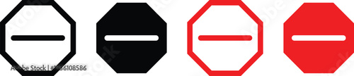 Minus remove icon set , stop sign. Graphic symbol for subtraction, removal, negative, or do not enter concept. horizontal line, dash inside a circle in outline and solid for delete actions, Minus Sign