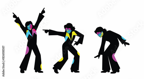 Three Dynamic Silhouette Dance Poses in Black Jumpsuits with Vibrant Accents, White Background, Front View Illustration