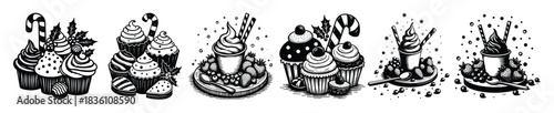 Black and white illustrations of cupcakes and ice cream
