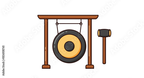 A brightly colored cartoon illustration of a traditional Asian gong, featuring a black and golden disc, hanging from a brown wooden stand, with a mallet alongside it.