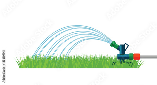 A colorful garden sprinkler actively sprays multiple arcs of water onto a patch of bright green grass, symbolizing lawn care and irrigation.