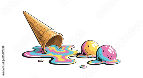 A colorful ice cream cone has fallen, with its scoops melting into vibrant puddles on the ground.