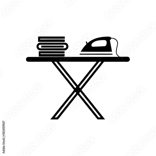 Ironing board with iron and clothes on transparent background silhouette