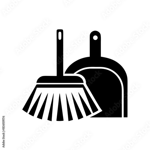 Illustration of a broom and dustpan on transparent background silhouette