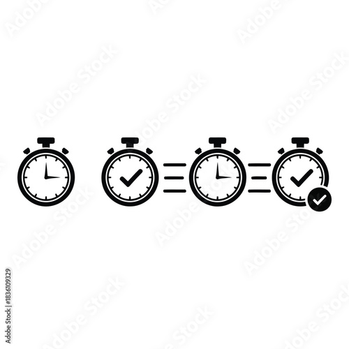Time progression shown by four stopwatches with a checkmark indicating completion on the last one