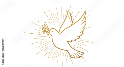 Elegant golden outline illustration of a dove carrying an olive branch, radiating with light, symbolizing peace, hope, and spirituality.