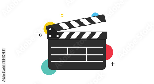 Modern flat design illustration of an open clapperboard surrounded by cheerful, colorful abstract shapes, symbolizing film industry.