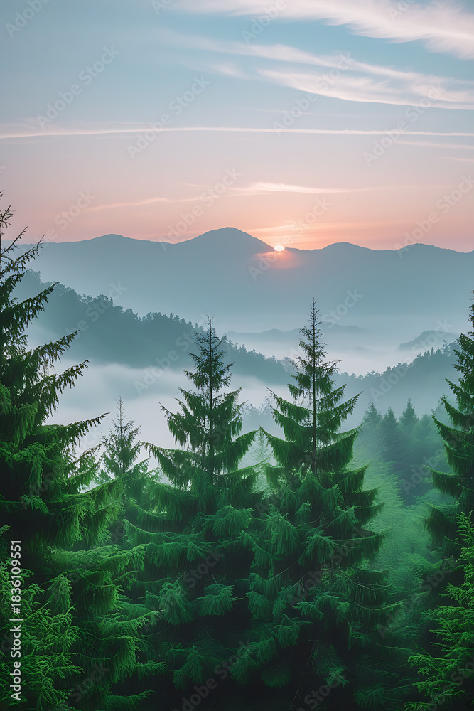 Fototapeta premium Misty mountain sunrise over a pine forest