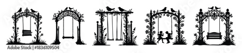 Black silhouette garden swings with birds and children
