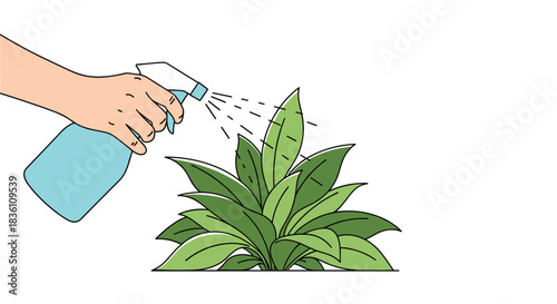 A close-up shot of a human hand holding a blue spray bottle, misting water onto the vibrant green leaves of a houseplant for care and hydration.