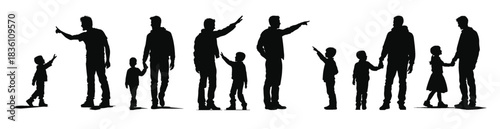 black silhouettes of a father with children dad with son
