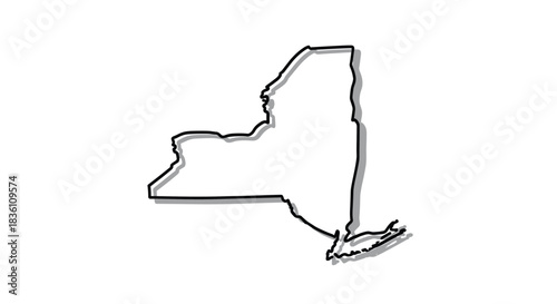 Stylized outline map of New York State, USA, featuring a bold black line and a subtle gray drop shadow on a clean white background.