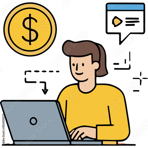 Young Woman Working on Laptop with Dollar Coin Symbol Above Representing Financial Gain and Online Business Opportunities