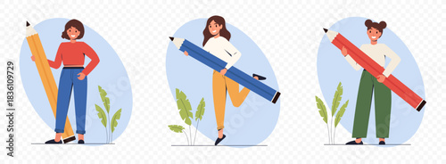 Various people with a giant Pencils. Cute student girl standing with a large pencil. Business Woman holds big pencil. Copywriting and blogging concept. Vector stock illustration.