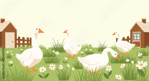 Four white geese walk and graze in a vibrant green meadow filled with white daisy flowers, with charming farmhouses in the background.