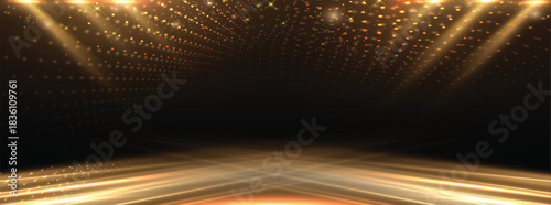 Elegant golden stage diagonal glowing with lighting effect sparkle on black background. Template premium award design.