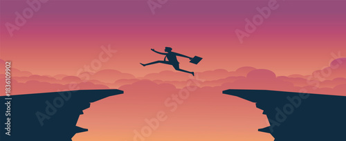Business man run jump cross cliff