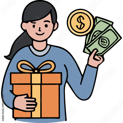Young Woman Holding Gift Box and Money With Gold Coin Overhead Smiling Happily in a Simple Blue Sweater and Dark Hair Ponytail Representing Reward and Wealth