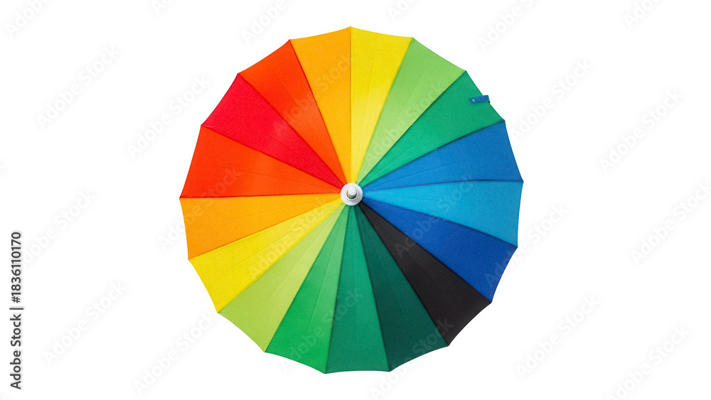 Obraz premium Colorful rainbow umbrella PNG isolated on transparent background, vibrant parasol for weather protection and summer design