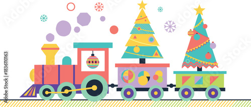 Whimsical cartoon illustration of a colorful festive christmas train carrying decorated evergreen trees and festive ornaments perfect for holiday greetings and winter celebrations