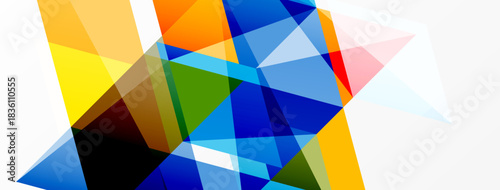 Abstract geometric shapes overlap, creating vibrant colorful composition. Bright hues dominate white background. Modern design element.