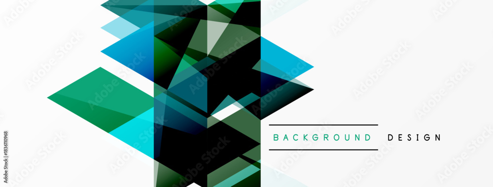 Naklejka premium Abstract geometric shapes overlap, creating dynamic visual effect. Blue, green hues dominate design with white space. Modern aesthetic.