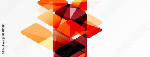 Abstract geometric shapes overlap, creating warm color gradients. Orange, red, yellow tones dominate white background. Modern design element.